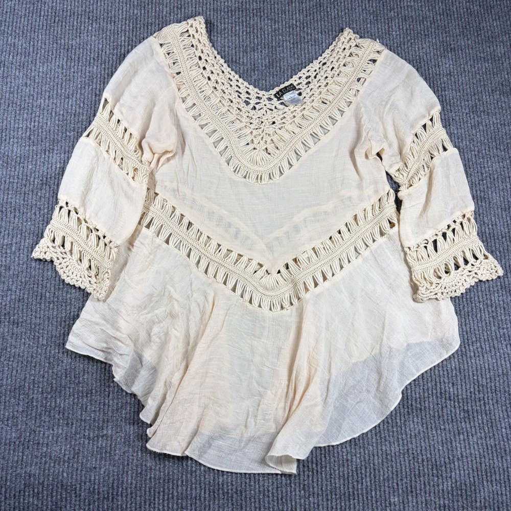 LA CLASS Blouse Women L Cream Crochet Trim V-Neck Boho Peplum Style 7313